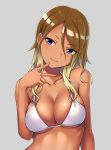  1girl bikini_top blonde_hair breasts brown_hair cleavage closed_mouth collarbone dark_skin eyes_visible_through_hair finger_to_mouth gradient_hair grey_background hair_between_eyes hashi head_tilt idolmaster idolmaster_shiny_colors izumi_mei large_breasts long_hair looking_at_viewer multicolored_hair purple_eyes simple_background smile solo two-tone_hair upper_body w white_bikini_top 