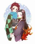  black_hair earrings hand_holding japanese_clothes jewelry kamado_nezuko kamado_tanjirou kimetsu_no_yaiba kimono long_hair mouth_hold namie-kun purple_eyes scarf siblings 