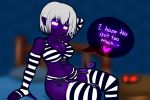  2019 arm_warmers armwear bed blurred_background blush clothing dark_elf datfurrydude elf fantasy female five_nights_at_freddy&#039;s five_nights_at_freddy&#039;s_2 five_nights_at_freddy&#039;s_4 glowing glowing_eyes hair hi_res humanoid legwear looking_at_viewer marionette_(fnaf) nightmarionne_(fnaf) not_furry pointy_ear puppet_(fnaf) purple_eyes purple_skin seductive sitting sitting_on_bed speech_bubble stockings striped_legwear striped_stockings stripes video_games white_hair 