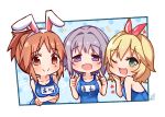  3girls :d abe_nana animal_ears arms_under_breasts bangs bare_arms bare_shoulders blonde_hair blue_swimsuit blush breast_hold breasts brown_eyes brown_hair bunny_ears chibi eyebrows_visible_through_hair fake_animal_ears green_eyes hair_between_eyes hair_ribbon hairband hands_up idolmaster idolmaster_cinderella_girls koshimizu_sachiko looking_at_viewer medium_breasts multiple_girls name_tag omuretsu one-piece_swimsuit open_mouth parted_bangs polka_dot polka_dot_background purple_eyes purple_hair red_ribbon ribbon sakurai_momoka school_swimsuit signature smile swimsuit white_hairband 