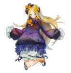  1girl abigail_williams_(fate/grand_order) bangs black_bow black_dress black_footwear blonde_hair bloomers blue_eyes blush bow bug butterfly closed_mouth commentary_request dress fate/grand_order fate_(series) forehead full_body hair_bow insect long_hair long_sleeves looking_at_viewer mary_janes no_hat no_headwear orange_bow parted_bangs pg_(lhotseshar) shoes simple_background sleeves_past_fingers sleeves_past_wrists solo underwear very_long_hair white_background white_bloomers 