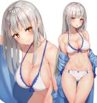  1girl :o arm_up bangs bare_shoulders bikini blue_jacket blue_ribbon blue_shirt blush breasts cleavage closed_mouth collarbone commentary_request copyright_request eyebrows_visible_through_hair frilled_bikini frills front-tie_bikini front-tie_top gluteal_fold groin jacket large_breasts leaning_forward long_hair looking_at_viewer multiple_views navel off_shoulder open_clothes open_jacket open_shirt orange_eyes original parted_lips reinama ribbon shirt silver_hair simple_background skindentation smile standing stomach swimsuit thigh_gap thighs white_background white_bikini yellow_eyes 