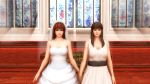  2girls 3d bedroom_eyes blue_eyes breasts brown_hair dead_or_alive dress hand_holding headband highres hitomi_(doa) kasumi_(doa) large_breasts multiple_girls red_hair sidelocks smile thepolterghost wedding_dress 