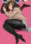  2girls :d ^_^ asakura_kukuri ass bangs black_legwear brown_cardigan brown_hair closed_eyes drooling eyebrows_visible_through_hair eyes_closed full_body grey_skirt highres lap_pillow long_sleeves lying miniskirt miru_tights multiple_girls no_shoes on_side open_mouth out_of_frame panties panties_under_pantyhose pantyhose pantyshot pantyshot_(lying) pink_panties saliva school_uniform short_hair sitting skirt smile solo_focus swept_bangs thighband_pantyhose underwear upskirt yokozuwari yuri 