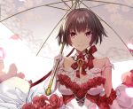  1girl bangs bare_shoulders bow breasts brooch brown_hair cleavage closed_mouth collarbone ddaomphyo dress elbow_gloves eyebrows_visible_through_hair flower frilled_dress frills gem gloves holding holding_umbrella jewelry looking_at_viewer medium_breasts off-shoulder_dress off_shoulder original petals pink_eyes red_bow red_flower red_neckwear red_rose rose ruby_(gemstone) short_hair simple_background smile solo umbrella upper_body white_background white_dress white_gloves 