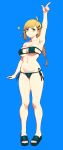  1girl :&lt; absurdres arm_at_side arm_up armpits bags_under_eyes bangs bare_legs bikini black_bikini blonde_hair blue_background braid breasts bright_pupils cain_(gunnermul) cleavage earrings eyepatch_bikini full_body green_eyes hair_ornament hairclip highres index_finger_raised jewelry korean_commentary large_breasts long_hair navel original pigeon-toed pointing pointing_up sandals side-tie_bikini simple_background single_braid single_sidelock solo sparkle standing stud_earrings swept_bangs swimsuit very_long_hair 