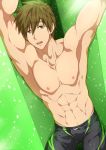  1boy abs adonis_belt armpits arms_up bare_chest bulge eyebrows_visible_through_hair free! green_eyes looking_at_viewer male_focus male_swimwear muscle nipples open_mouth solo swimwear tachibana_makoto tareme thighs tongue wet zamius 