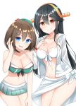  2girls absurdres alternate_costume bikini black_hair blue_eyes blush breasts brown_eyes brown_hair closed_mouth hair_ornament hairclip haruna_(kantai_collection) headgear highres jacket kantai_collection large_breasts long_hair looking_at_viewer maya_(kantai_collection) multiple_girls open_mouth pleated_skirt remodel_(kantai_collection) sakikumo_(sakumo) short_hair simple_background skirt smile swimsuit white_background white_jacket x_hair_ornament 