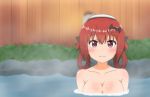  1girl absurdres bat_hair_ornament blush breasts eyebrows_visible_through_hair fence floating_breasts gabriel_dropout hair_ornament highres kurumizawa_satanichia_mcdowell large_breasts looking_at_viewer medium_hair nude onsen partially_submerged plant poa_mellhen purple_eyes red_hair rock solo steam tied_hair upper_body water 