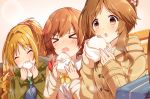  &gt;_&lt; 3girls ^_^ bag bangs baozi bench blonde_hair blush brown_coat brown_eyes brown_hair closed_eyes coat collared_shirt dress_shirt eating eyebrows_visible_through_hair eyes_closed flower food green_jacket hair_between_eyes hair_flower hair_intakes hair_ornament hino_akane_(idolmaster) holding holding_food honda_mio hood hood_down hooded_coat idolmaster idolmaster_cinderella_girls jacket long_hair long_sleeves multiple_girls omuretsu on_bench open_mouth park_bench parted_bangs parted_lips pink_flower positive_passion school_bag shirt signature sleeves_past_wrists steam sweater_vest takamori_aiko upper_body white_shirt 