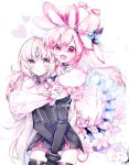  2girls :d bangs black_dress black_legwear blush closed_mouth dress elsword eve_(elsword) eyebrows_visible_through_hair facial_mark forehead_jewel g_ieep hair_between_eyes hat heart hug hug_from_behind juliet_sleeves laby_(elsword) light_brown_hair long_sleeves multiple_girls open_mouth pantyhose pink_dress puffy_sleeves purple_legwear red_eyes sharp_teeth sleeves_past_fingers sleeves_past_wrists smile teeth thighhighs white_background white_headwear wide_sleeves 