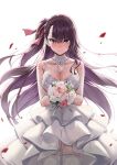  1girl bare_arms bare_shoulders blurry blush bouquet braid breasts cleavage closed_mouth collarbone cowboy_shot depth_of_field detached_collar dress embarrassed floating_hair flower french_braid garter_straps girls_frontline hair_ribbon holding holding_bouquet large_breasts layered_dress long_hair looking_at_viewer one_side_up petals pink_flower purple_hair rainmaker red_eyes red_flower ribbon rose simple_background smile solo standing thighhighs very_long_hair wa2000_(girls_frontline) wedding_dress white_background white_dress white_flower white_legwear 
