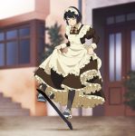  1girl apron black_hair black_legwear blurry blurry_background bow bowtie breasts building day door dress eyes_closed frilled_dress frills full_body long_sleeves maid maid_apron maid_headdress medium_breasts original outdoors plant puffy_long_sleeves puffy_sleeves shoes short_hair skateboard skirt_hold sneakers solo stairs suzushiro_(suzushiro333) window 