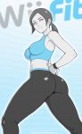  armpit arms_behind_back breasts cleavage curvy dark_hair gray_eyes highres large_breasts lips looking_at_viewer nisetanaka ponytail revealing_clothes revealing_outfit skintight smile thick_thighs thigh thighs tights white_background white_skin wide_hips wii_fit_trainer wristband 