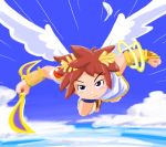  1boy angel angel_wings blade blue_eyes blush brown_hair clenched_fist clenched_hand cloud cloudy_sky determined double_blade eyebrows eyebrows_visible_through_hair feathered_wings feathers flying kid_icarus kid_icarus_uprising male minus8 nintendo ring sandals sky speed_lines weapon wings 