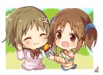  2girls :d :t ^_^ bare_shoulders blue_scrunchie blush brown_eyes brown_hair chibi closed_eyes closed_mouth cropped_torso eating eyes_closed feeding flower food hair_flower hair_ornament hair_scrunchie heart heart_necklace holding holding_food idolmaster idolmaster_cinderella_girls long_sleeves mimura_kanako multiple_girls off_shoulder omuretsu open_mouth scrunchie shirt signature smile striped striped_shirt sweet_potato totoki_airi twintails upper_body white_flower white_shirt yakiimo 