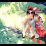  1girl arms_on_knees bangs bare_legs black_footwear black_hair blurry blurry_background bow detached_sleeves frilled_skirt frills hair_bow hakurei_reimu highres in_tree kayako_(tdxxxk) knees_together_feet_apart layered_skirt letterboxed light_rays long_hair looking_at_viewer red_bow red_eyes red_skirt ribbon-trimmed_sleeves ribbon_trim sandals sitting sitting_in_tree skirt smile solo sun_light sunbeam sunlight toes touhou tree tree_branch tree_shade wide_sleeves 