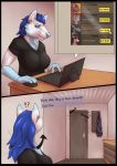  absurd_res anthro blue_eyes breasts canid canine clothed clothing comic computer ear_piercing english_text female fox hi_res kiro kobold laptop living_room lizardlars mammal nara nill piercing solo text 