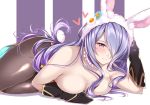 1girl alternate_costume animal_ears bare_shoulders black_gloves blush breasts bunny_ears bunny_tail bunnysuit camilla_(fire_emblem_if) cleavage detached_collar fire_emblem fire_emblem_heroes fire_emblem_if gloves hair_over_one_eye heart jiino large_breasts lavender_hair long_hair looking_at_viewer lying nintendo on_side purple_background purple_eyes skin_tight smile solo tail two-tone_background white_background 