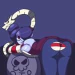  1girl ass ass_cutout bent_over blue_hair blue_skin breast_press breasts dress from_behind hair_over_one_eye highres huge_breasts iggybomb leviathan_(skullgirls) looking_at_viewer panties pantyshot red_eyes shiny shiny_clothes shiny_hair shiny_skin sideboob skullgirls smile squigly_(skullgirls) striped striped_panties tombstone torn_clothes torn_dress underwear 