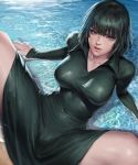  1girl absurdres arm_support bangs breasts closed_mouth collared_dress dress fubuki_(one-punch_man) green_dress green_eyes green_hair highres kimdonga large_breasts lips long_sleeves looking_at_viewer lying on_back one-punch_man partially_submerged revision short_hair spread_legs thighs water wet 