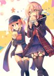  2girls :d ahoge artoria_pendragon_(all) bag baozi baseball_cap black-framed_eyewear black_eyes black_legwear blonde_hair blue_buruma blue_scarf blue_skirt buruma commentary_request cowboy_shot dual_persona fate/grand_order fate_(series) food garter_straps glasses gym_uniform hat holding holding_food hood hoodie jacket kirero long_hair long_sleeves multiple_girls mysterious_heroine_x mysterious_heroine_x_(alter) open_clothes open_hoodie open_mouth open_track_jacket orange_eyes paper_bag plaid plaid_scarf ponytail scarf shirt skirt smile teeth thighhighs track_jacket v-shaped_eyebrows 