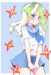  1girl blue_background blue_eyes blue_neckwear blue_sailor_collar blue_skirt blush border breasts cosplay cowboy_shot crop_top diana_cavendish eyes_visible_through_hair hys-d kill_la_kill large_breasts light_green_hair little_witch_academia looking_at_viewer multicolored_hair navel neckerchief pleated_skirt sailor_collar school_uniform shirt short_sleeves skirt solo two-tone_hair white_border white_shirt 