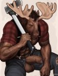  axe balls biceps capreoline cervid clothed clothing half-erect humanoid_penis lumberjack male mammal melee_weapon moose muscular muscular_male pecs penis plaid precum rnarccus shirt sitting solo weapon 