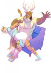  5_fingers anthro antlers biceps brown_fur clothed clothing daire301 diaper digital_drawing_(artwork) digital_media_(artwork) duo felid footwear fur horn infantilism legwear male male/male mammal muscular muscular_male one_eye_closed open_mouth orange_fur pantherine shirt shoes simple_background smile sneakers socks sofa spanking stripes submissive_male tiger white_background wink 