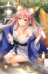  1girl animal_ear_fluff animal_ears bangs bare_shoulders bath blue_kimono blush bottle breasts bucket cleavage closed_mouth collarbone cup fate/extra fate_(series) fox_ears fox_girl fox_tail hair_between_eyes highres japanese_clothes kimono large_breasts long_hair looking_at_viewer nakajima_yuka off_shoulder pink_hair rubber_duck sake_bottle sash sidelocks sitting smile solo tail tamamo_(fate)_(all) tamamo_no_mae_(fate) thighs tongue tongue_out twintails white_kimono yellow_eyes 