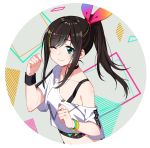  1girl ;) a.i._channel abstract_background aqua_eyes aqua_hair bangs black_hair blonde_hair blush bra_strap closed_mouth clothes_writing collarbone commentary_request eyebrows_visible_through_hair hair_ribbon hands_up highres kizuna_ai long_hair looking_at_viewer multicolored_hair nail_polish off-shoulder_shirt off_shoulder one_eye_closed pink_hair pink_nails pink_ribbon ponytail ribbon shirt short_sleeves sidelocks single_bare_shoulder smile solo streaked_hair sweatband swept_bangs triangle upper_body virtual_youtuber white_shirt wristband zhanzheng_zi 