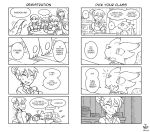  ... 4koma ? absurd_res armor battle book clipboard clothing coal_(rakkuguy) comic dialogue english_text female group helmet hi_res human knight kobold magic_user mammal melee_weapon onomatopoeia raised_heel rakkuguy robe scales shield sound_effects speech_bubble sweat sweatdrop sword tailwag text tiptoes weapon 