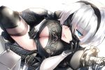  1girl black_gloves black_legwear blindfold blue_eyes boots breasts cleavage cleavage_cutout dress eyebrows_visible_through_hair gloves hair_over_one_eye hairband large_breasts light_smile looking_at_viewer mole mole_under_mouth nier_(series) nier_automata parted_lips pod_(nier_automata) shimeno_puni short_hair silver_hair solo sword thigh_boots thighhighs weapon yorha_no._2_type_b 