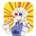 1girl 3d_glasses blush breasts collared_shirt diana_cavendish eyebrows_visible_through_hair hands_up hys-d light_green_hair little_witch_academia long_hair long_sleeves multicolored_hair shirt solo two-tone_hair upper_body vest white_shirt 