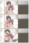  1boy 1girl 3koma animal_ears biting blush cat_ears cat_girl cat_tail comic finger_biting fujisaki_yuu glasses indoors original sitting sleeveless tail tissue_box touching_another&#039;s_chin touching_ears 