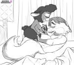  2019 anthro bed belly big_belly bovid breasts canid canine caprine cowgirl_position disney female fox fur gideon_grey hair hi_res male male/female mammal monochrome nipples nude on_top overweight pregnant sex sharla_(zootopia) sheep wastedtime wool zootopia 