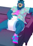  5_fingers anthro belly blue_fur blue_hair blush clothed clothing daire301 diaper digital_media_(artwork) facial_hair fangs footwear fur goatee hair legwear looking_at_viewer male mammal neon overweight overweight_male partially_clothed rubbing shirt shoes shy simple_background sneakers socks sofa solo tongue ursid 
