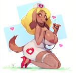  &lt;3 anthro big_breasts blonde_hair blush breasts brown_eyes canid canine canis cleavage clothed clothing cyancapsule dipstick_tail domestic_dog exposed_breasts eyelashes female flower footwear grass hair hand_on_breast high_heels huge_breasts kneeling legwear long_ears looking_at_viewer mammal maple_(cyancapsule) multicolored_tail nipples nurse nurse_uniform partially_clothed pink_nipples plant shoes simple_background smile socks solo stethoscope thick_thighs thigh_highs uniform 