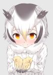  1girl absurdres bird_wings black_hair blonde_hair blush buttons coat cupping_hands deku_suke eyebrows_visible_through_hair fur_trim gloves grey_hair hair_between_eyes highres kemono_friends long_sleeves looking_at_viewer multicolored_hair northern_white-faced_owl_(kemono_friends) short_hair smile solo upper_body white_coat white_hair wings yellow_eyes yellow_gloves 