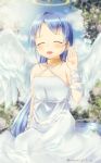  1girl alternate_costume angel arm_up artist_name bangs bare_shoulders blue_hair blurry blurry_background breasts cloud cloudy_sky collar collarbone collared_dress commentary_request dress eyes_closed flower halo highres kantai_collection light_particles light_rays long_hair mae_(maesanpicture) open_mouth outdoors samidare_(kantai_collection) shiny shiny_hair sitting sky small_breasts solo swept_bangs very_long_hair wariza waving white_dress wings 