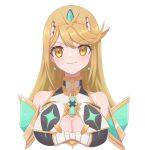 1girl absurdres bangs bare_shoulders blonde_hair breasts cleavage cleavage_cutout closed_mouth earrings highres hikari_(xenoblade_2) jewelry large_breasts long_hair looking_at_viewer nintendo papapa36 simple_background smile solo straight_hair swept_bangs tiara upper_body white_background xenoblade_(series) xenoblade_2 yellow_eyes 