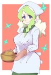  1girl blue_eyes blush border breasts chef_uniform cowboy_shot diana_cavendish dress eyebrows_visible_through_hair eyes_visible_through_hair green_dress holding_pot hys-d large_breasts light_green_hair little_witch_academia long_hair long_sleeves looking_at_viewer mittens multicolored_hair oven_mitts pot red_background solo two-tone_hair white_border white_headwear 