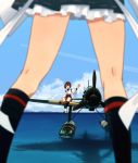  2girls aircraft airplane annin_musou black_legwear black_skirt blue_sky brown_eyes brown_hair brown_skirt cloud commentary_request condensation_trail day e16a_zuiun frilled_skirt frills headband hyuuga_(kantai_collection) ise_(kantai_collection) kantai_collection kneehighs multiple_girls ocean outdoors short_hair sitting skin_tight skirt sky standing undershirt view_between_legs white_headband 