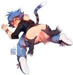  2boys anal armwear ass cat_boy dark_skin denim highres huge_ass jeans male_focus multiple_boys pants pants_down penis pokilewd sex shoes tail testicles trap whiskers yaoi 