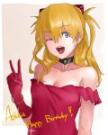  ! 1girl ;d blonde_hair blue_eyes bracelet breasts character_name choker cleavage collarbone dress earrings evening_gown eyebrows_visible_through_hair gloves hair_between_eyes happy_birthday headgear highres jewelry konbari_tariumu long_hair looking_at_viewer neon_genesis_evangelion off-shoulder_dress off_shoulder one_eye_closed open_mouth red_dress red_gloves sleeveless sleeveless_dress small_breasts smile solo soryu_asuka_langley upper_body v white_background 