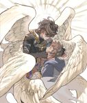  2boys armor brown_hair feathered_wings fingerless_gloves gloves gran_(granblue_fantasy) granblue_fantasy hand_on_another&#039;s_face highres hood hood_down hoodie male_focus multiple_boys multiple_wings open_mouth panyasan_777 red_eyes sandalphon_(granblue_fantasy) seraph short_hair sword weapon white_wings wings 