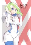  1girl blue_eyes bodysuit braid breasts character_name cosplay covered_navel cowboy_shot darling_in_the_franxx diana_cavendish eyebrows_visible_through_hair hands_up hys-d light_green_hair little_witch_academia long_hair looking_at_viewer medium_breasts multicolored_hair pilot_suit solo sweatdrop two-tone_hair white_bodysuit 