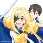  &gt;:t 1boy 1girl :d :t alice_schuberg armor black_eyes black_hair blonde_hair blue_cape blue_eyes blush cape closed_mouth eyepatch felutiahime gold_armor hair_between_eyes hair_intakes hairband highres kayano_ai kirito kono_subarashii_sekai_ni_shukufuku_wo! long_hair looking_at_viewer masochism open_mouth outstretched_arms parody protecting seiyuu_connection short_hair smile sparkle spoilers spread_arms star star-shaped_pupils sweat sword sword_art_online sword_art_online_alicization symbol-shaped_pupils twitter_username upper_body weapon white_hairband 