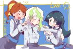  3girls barbara_parker black_hair black_skirt black_vest blush breasts brown_hair collared_shirt diana_cavendish eyebrows_visible_through_hair eyes_closed green_hair hands_on_another&#039;s_shoulders hanna_england hys-d light_green_hair little_witch_academia long_hair long_sleeves luna_nova_school_uniform massage multicolored_hair multiple_girls open_mouth ponytail school_uniform shirt shirt_tucked_in skirt smile two-tone_hair vest white_shirt witch 