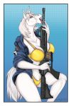 assault_rifle bra breasts cleavage clothed clothing equid female gun horn licking mammal my_little_pony phathusa ranged_weapon red_eyes rifle tongue tongue_out ultima_(oc) underwear unicorn weapon 